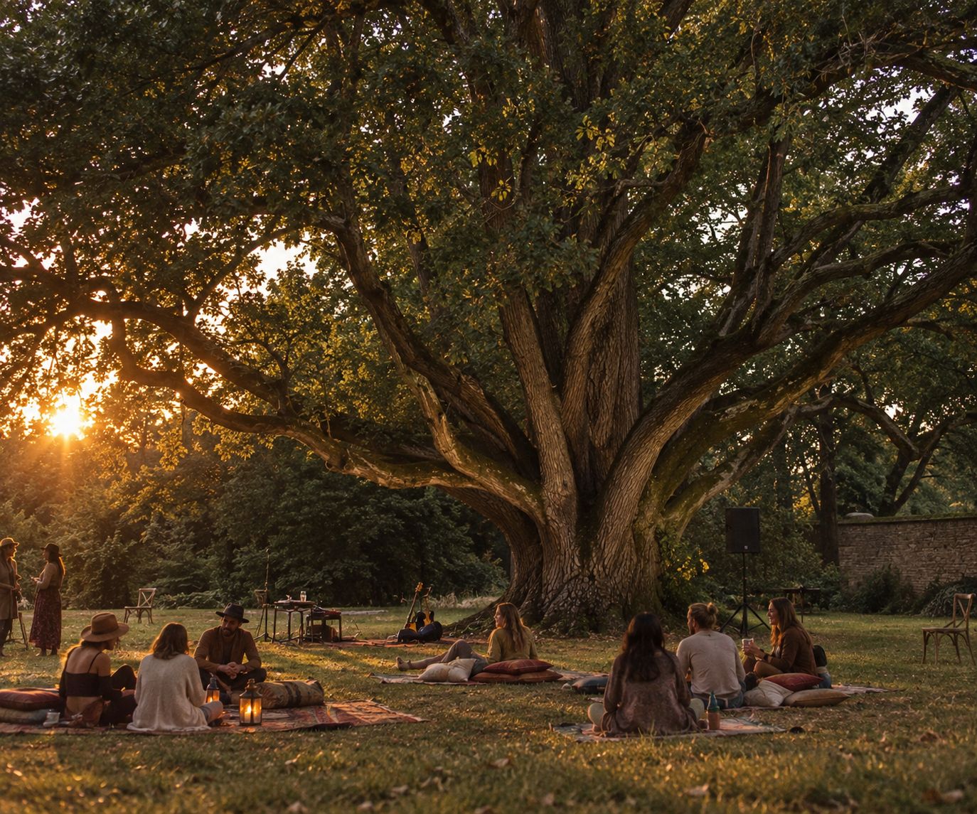 Guests gathered on blankets beneath a great oak tree at golden hour with lanterns and soft conversation