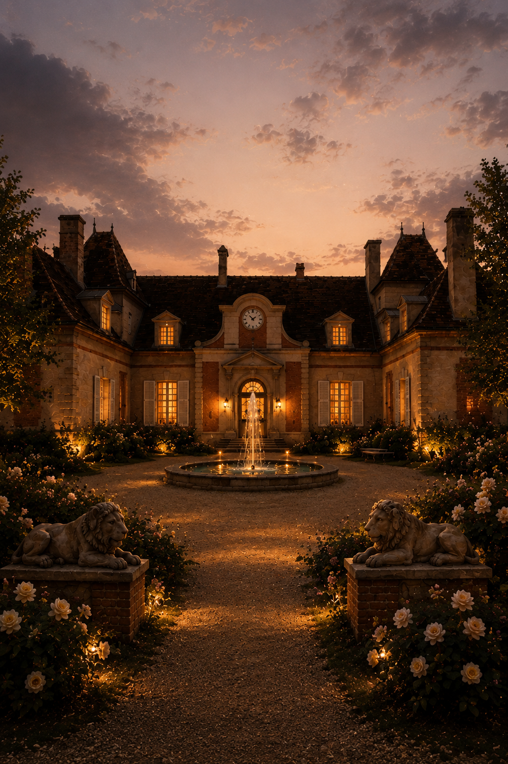 Château du Fey at dusk, warmly lit with a central fountain, rose gardens, and stone lions in the foreground