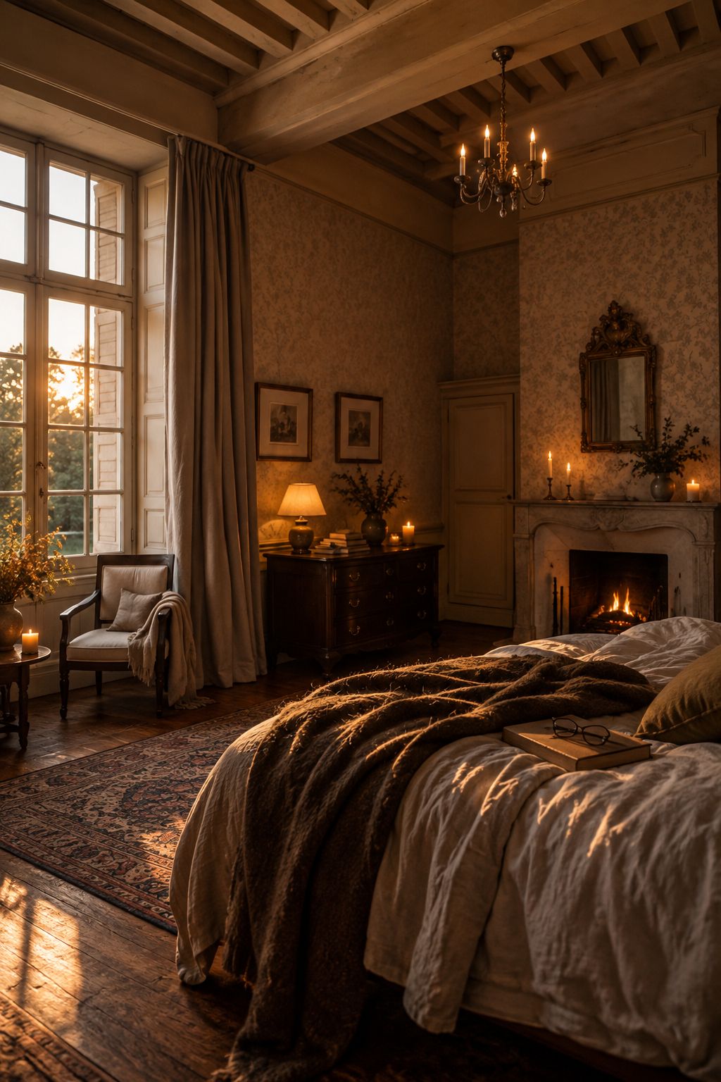 An antique château bedroom with linen bedding, a lit fireplace and warm candlelight at dusk