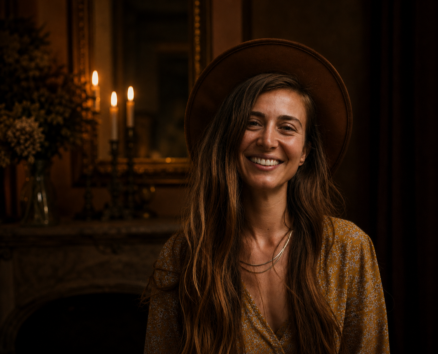 Ezgi smiling in a wide-brimmed hat against a soft pink wall