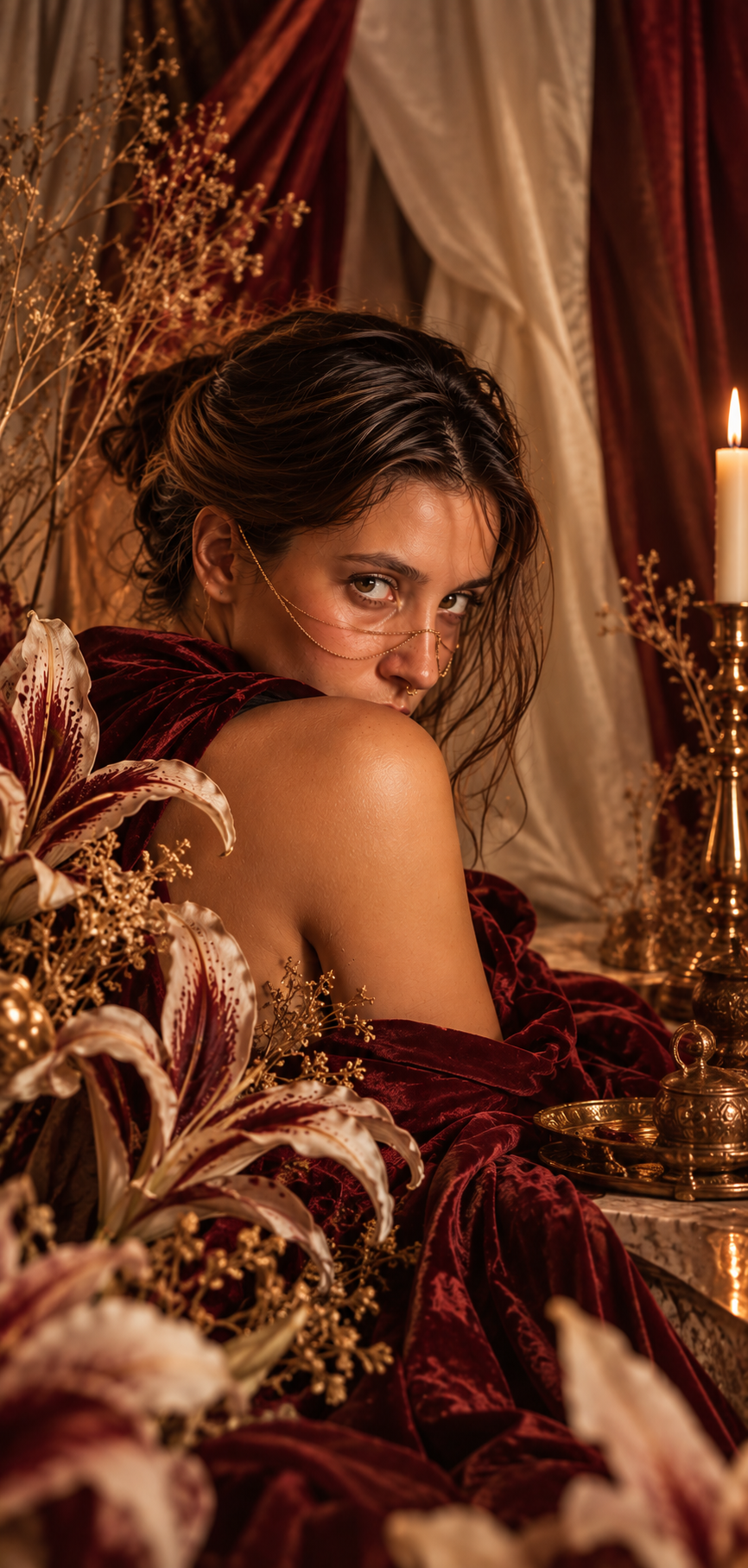 A woman wrapped in burgundy velvet wearing a delicate gold face chain by candlelight