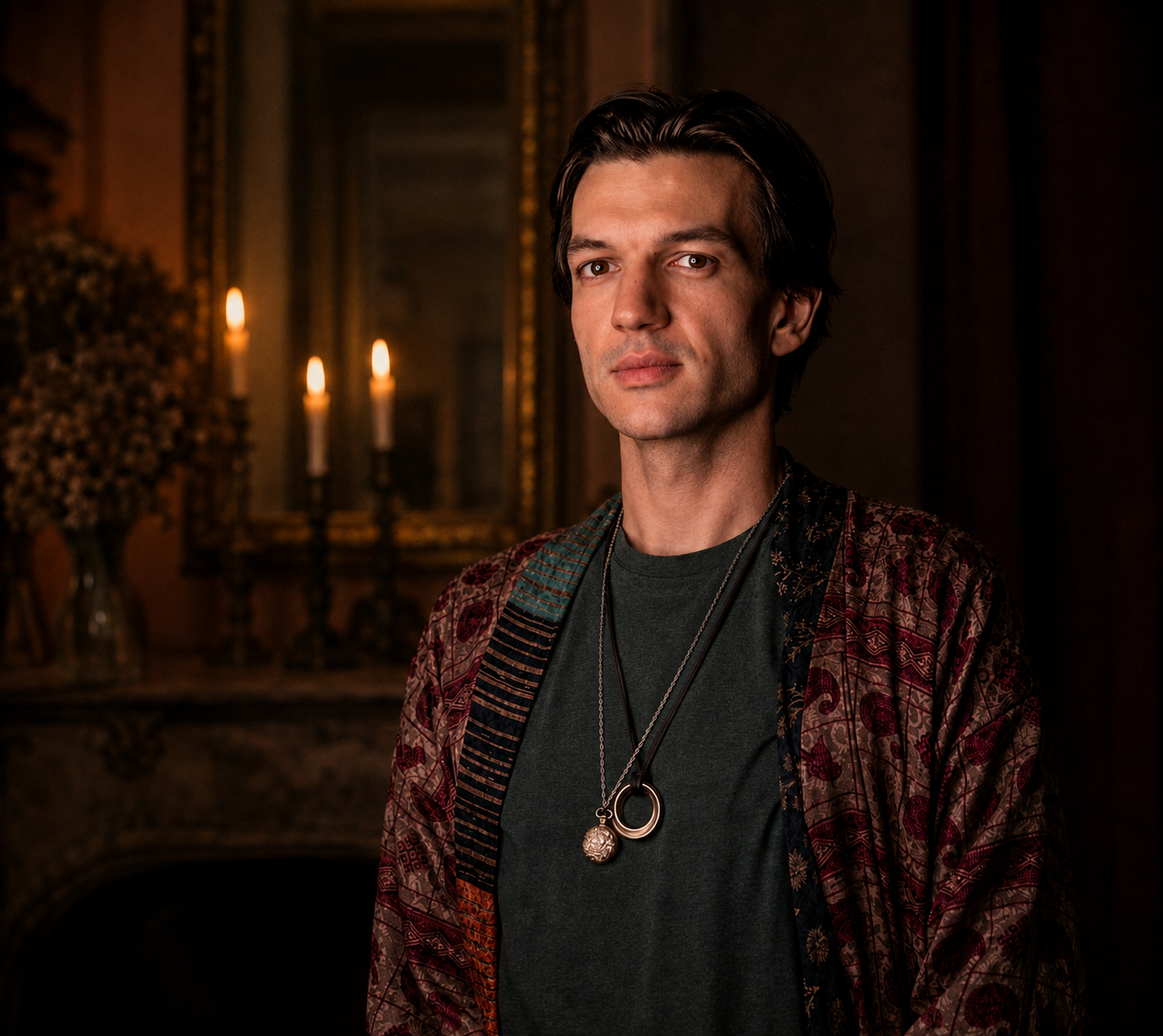 Leï Zagato in a candlelit room wearing a patterned jacket and pendant necklaces