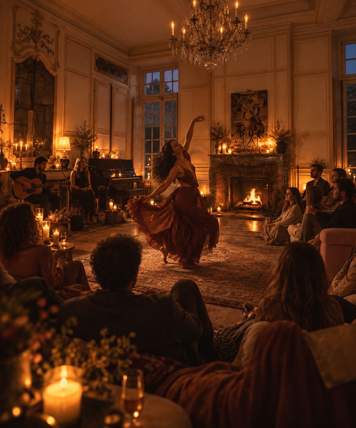 A dancer moving by candlelight in an elegant salon while guests and musicians watch by the fire