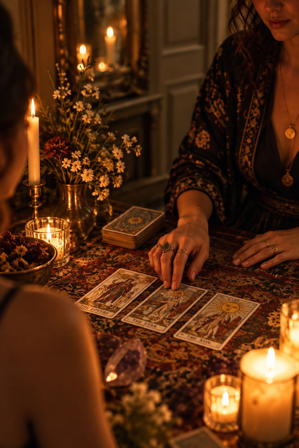 Tarot cards laid out by candlelight during an intimate reading
