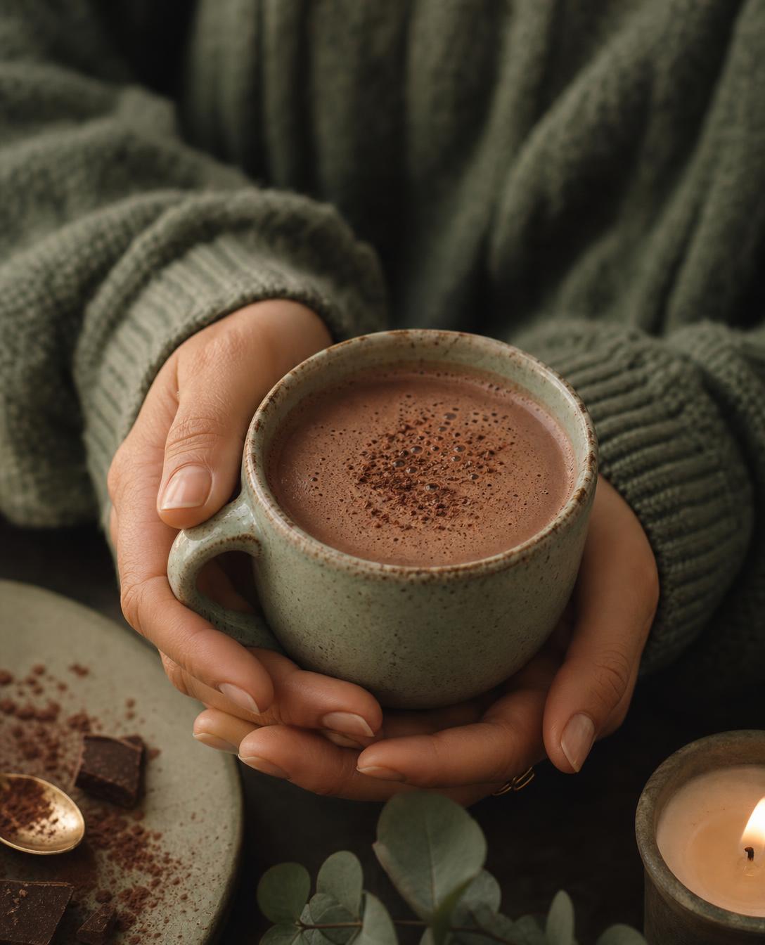 Two hands gently holding a warm cacao cup in soft candlelight